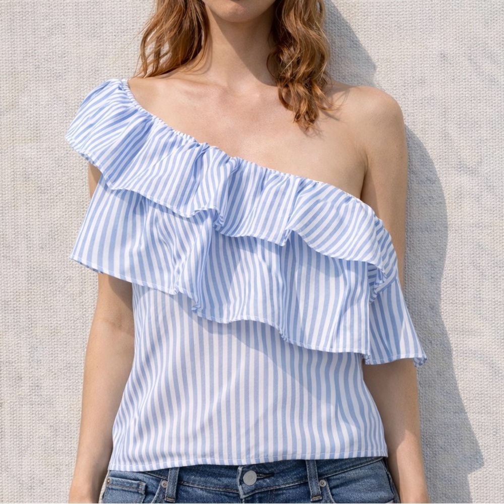 Striped One-Shoulder Ruffle Top - Light Blue